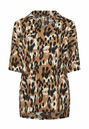 Top leopard print marrone e bianco con maniche corte, scollatura a V e colletto a punta. Tessuto leggero con una finitura testurizzata.