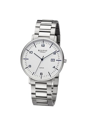 Silver metal wristwatch with white round dial, black hour markers, date display at 3 o'clock, and three hands showing 10:10:37.