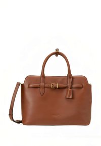 Sac à main en cuir marron à la forme structurée, avec deux poignées, une bandoulière détachable et un accent ceinturé orné d'une boucle dorée.