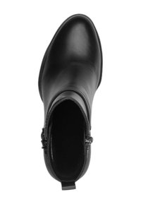 Bottines noires en cuir lisse, avec un bout arrondi, une fermeture éclair sur le côté et une languette au talon pour un enfilage facile.