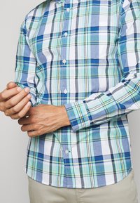 Katoenen overhemden in een blauw groene ruitpatroon, met een klassieke kraag en lange mouwen met knoopmanchetten.