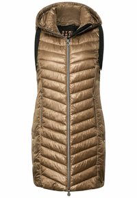 Vadderad väst med en glänsande bronsfinish, utrustad med huva, vertikal dragkedja och sidofickor; kviltat chevronmuster på framsidan.