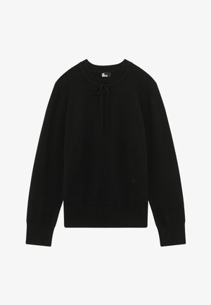 Maglione nero a maniche lunghe con polsini e orlo a coste, scollatura rotonda e dettaglio con fiocco sul davanti.