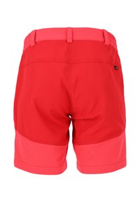 Röda simshorts med en kontrasterande ljusare röd panel längst ner. Har en elastisk midjeband och en liten logotyp på sidan.