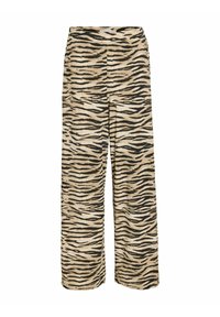 Pantalons à jambes larges en tissu léger avec une base beige ornée de larges rayures noires de tigre, se terminant légèrement au-dessus de la cheville avec une texture douce.