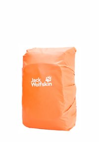 Housse de sac à dos imperméable Jack Wolfskin de couleur orange vif avec logo blanc, conçue pour protéger un sac à dos de la pluie.