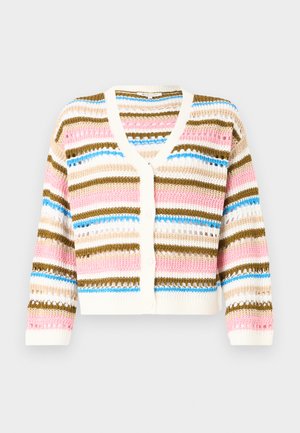 Sweter dzianinowy z dekoltem w serek, z poziomymi paskami w kolorach różowym, niebieskim, kremowym i brązowym. Zapięcie na guziki i ściągacze przy mankietach.