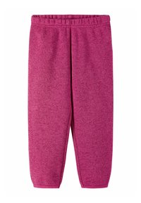 Spodnie dresowe z polaru w jaskrawym różowym kolorze, z elastycznym pasem, zwężanymi nogawkami oraz miękką, teksturowaną tkaniną. Bez kieszeni.