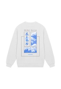 White sweatshirt featuring blue wave patterns and text in a rectangular design on the back. Soft fabric, crew neck, ribbed cuffs.