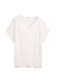 Haut blanc à manches courtes avec un col en V, présentant un tissu texturé et une coupe décontractée. Aucun motif ni accent visible.