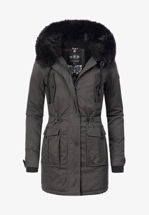 Dark green parka with a fur-lined hood, front zipper, and button closure. Features multiple front pockets and ribbed cuffs. Smooth texture.