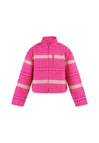 Ryškiai rožinė striukė su geometriniais baltais raštais, aukšta apykakle ir priekiu užtraukiama. Pasižymi ilgomis rankovėmis ir sutrumpintu dizainu.