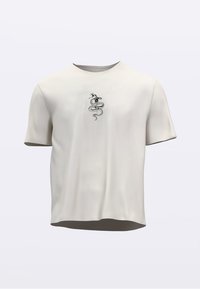 Short-sleeve, light gray T-shirt made of soft cotton, featuring a black snake graphic on the front. Classic crew neckline and relaxed fit.