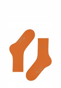 Orange Baumwollsocken mit einem gerippten Design, einer glatten Textur und bedrucktem Branding auf der Sohle. Enthält ein kleines metallisches Detail.