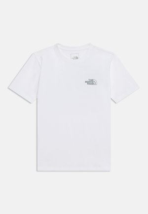 Almindelig hvid kortærmet t-shirt med The North Face-logo trykt i sort på venstre bryst.