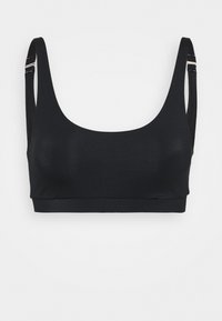 Svart bralette tillverkad av slät, stretchig tyg. Har breda axelband och en rundad halsringning, vilket ger en minimalistisk design.