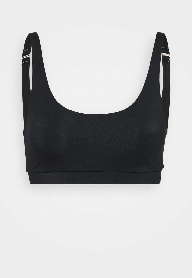 Svart bralette tillverkad av slät, stretchig tyg. Har breda axelband och en rundad halsringning, vilket ger en minimalistisk design.