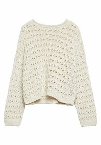 Pletený krémový svetr s průhledným vzorem, kulatým výstřihem a dlouhými rukávy. Zkrácená délka a žebrovaný lem a manžety.
