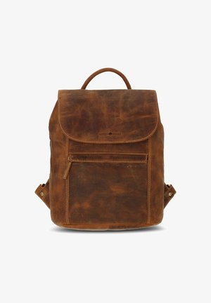 Brown leather backpack with a flap, front zipper pocket, and a top handle. Features stitching details and adjustable shoulder straps.