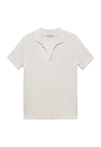 Polo en maille de couleur crème claire, avec manches courtes, tissage texturé et col avec un détail partiel de boutons.