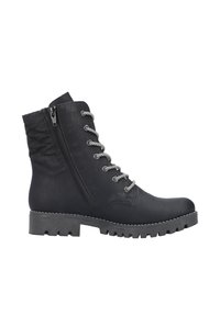Bottines en cuir noir avec un panneau texturé, lacets à l'avant, fermeture éclair sur le côté et semelle robuste. Présente des garnitures en métal argenté et des coutures contrastées.