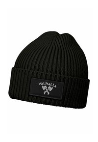 Black knitted beanie with folded cuff featuring a patch showing crossed axes and the word "valhalla" in white text.
