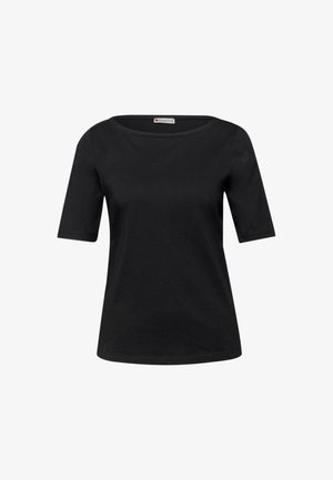 Schwarzes Damenoberteil mit kurzen Ärmeln und Rundhalsausschnitt sowie einem "Street One"-Label am hinteren Kragen.