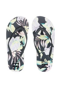Sorte flip-flops med et blomsterprint i lyse farver, en tekstureret sål og sorte gummistropper. Logoet er trykt på sålen.