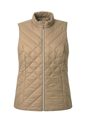 Veste matelassée beige avec un col montant, une fermeture éclair à l'avant et un motif en losanges. Le matériau semble lisse, léger, adapté pour superposer.