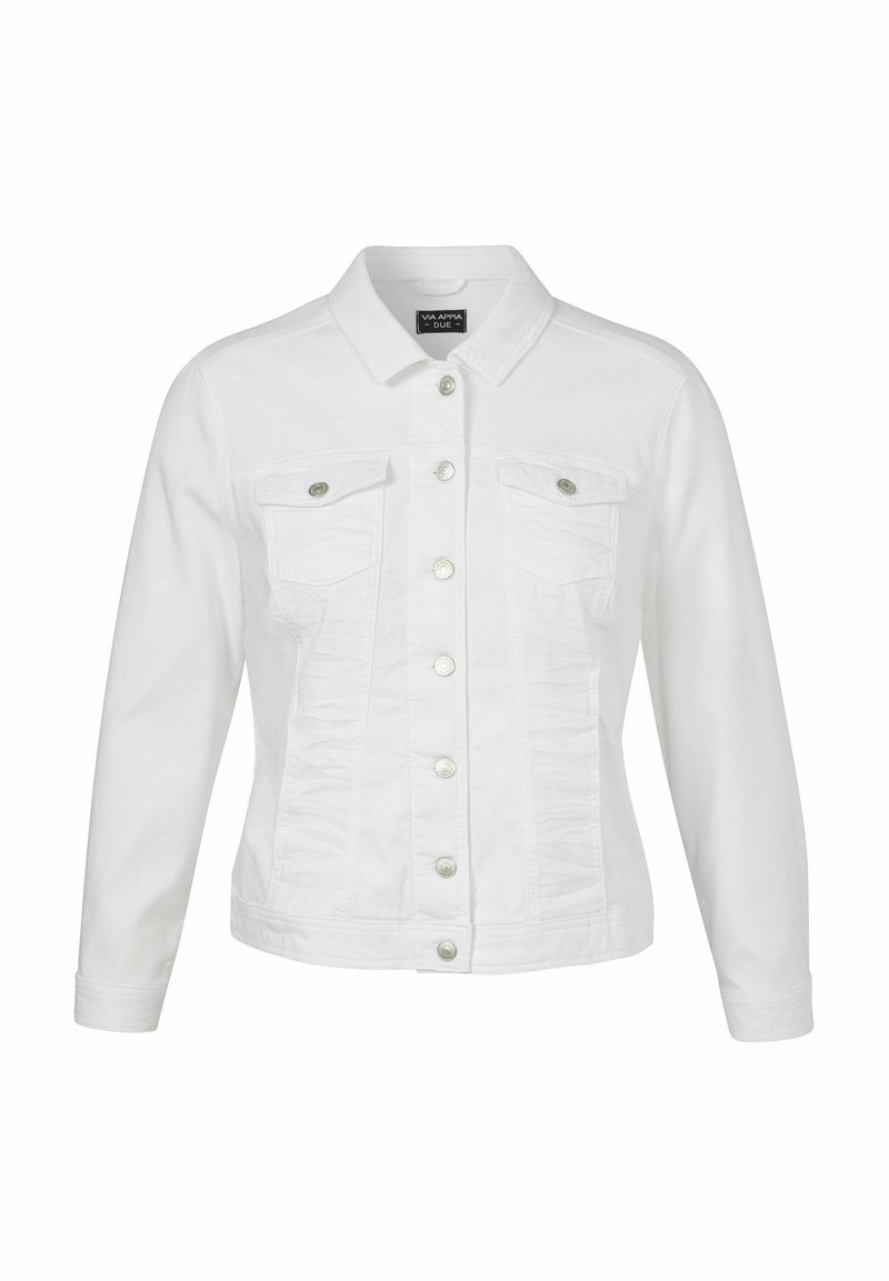 White denim jacket with long sleeves, button closure, two chest pockets, and a structured collar. Smooth texture with slight sheen.
