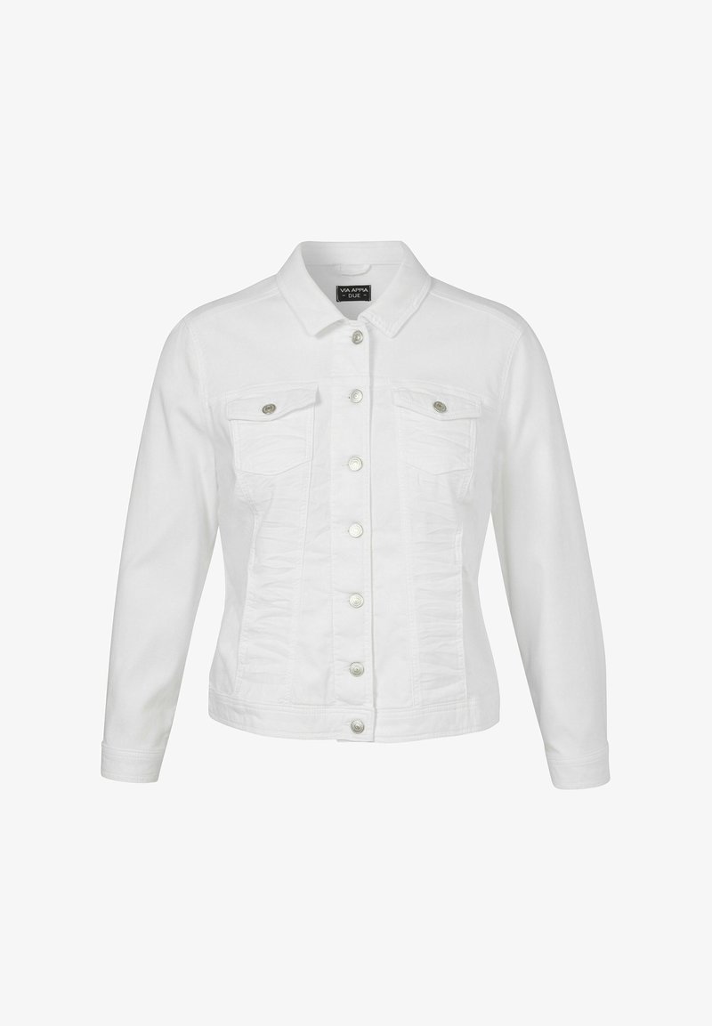 Weiße Denimjacke mit langen Ärmeln, Knopfverschluss, zwei Brusttaschen und einem strukturierten Kragen. Glatte Textur mit leichtem Glanz.