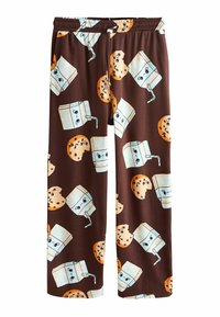 Brown pajama pants with a pattern of milk cartons and chocolate chip cookies. Made of a ribbed fabric, featuring an elastic waistband and drawstring.