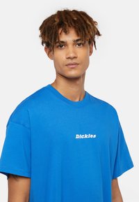 Modrá bavlněná tričko s kulatým výstřihem a volným střihem, s bílým logem "Dickies" vytištěným na přední straně. Hladký materiál a krátké rukávy.