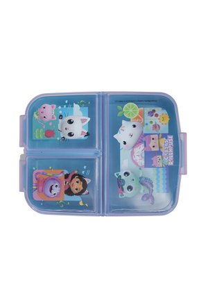 Plastikbrotdose mit einem durchscheinenden blauen Gehäuse, rosa Akzenten und Cartoonfiguren. Verfügt über zwei Fächer mit farbenfrohen Bildern und verspielten Designs.