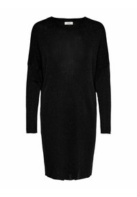 Vestido negro de manga larga hecho de una tela texturizada y brillante. Presenta un escote redondo y un corte recto que llega a la mitad del muslo.