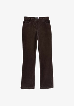 Pruunid kanganöörpüksid otse jala disainiga, viis taskut, metallne nööp sulgemiseks ja delikaatne sooniline tekstuur.