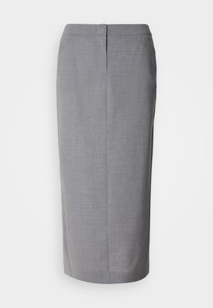 Gonna grigia in tessuto testurizzato, caratterizzata da una linea dritta, spacco posteriore e chiusura con zip nascosta sul retro.