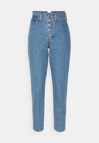 Höga blå denimjeans med femknapps gylf, raka ben och subtil blekning. Har framfickor och bälteshällor.
