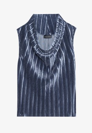 Débardeur marine sans manches en tissu côtelé avec un col drapé. Présente des rayures verticales et un éclat subtil. Étiquette de marque visible à l'intérieur.