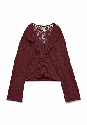 Bordeaux kanten blouse met lange mouwen en ruches bij de V-hals, met een gestructureerd bloemenpatroon en een licht cropped lengte.