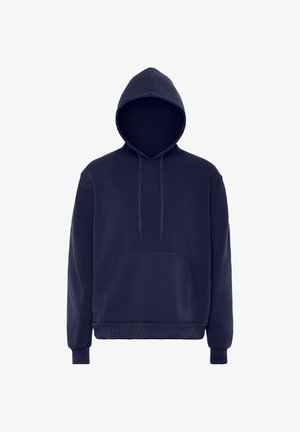 Granatowa bluza z kapturem z zaciąganą sznurówką, przednią kieszenią, ściągaczami przy mankietach i dole. Wykonana z miękkiego, mocnego materiału.