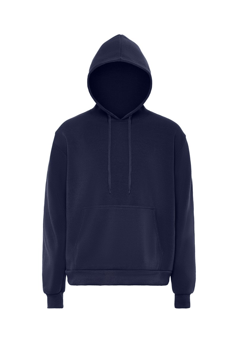 Felpa con cappuccio blu navy, dotata di cappuccio con coulisse, tasca frontale, polsini a costine e fondo a costine. Realizzata in un tessuto morbido e resistente.