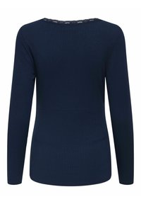 Top de manga larga acanalado en navy con un cuello redondo que presenta un delicado borde de encaje. Textura suave y diseño ajustado para un acabado elegante.