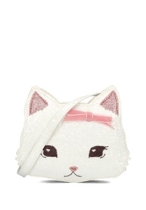 Witte katvormige schoudertas, voorzien van glinsterende textuur, roze lintaccent, geborduurde gezichtsdetails en glanzende oren.