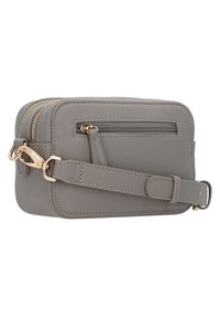 Gray synthetic crossbody bag with a rectangular shape, gold hardware, zippered compartments, and an adjustable strap for versatile carry.