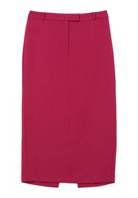 Gonna midi aderente in tessuto magenta vivace, con una texture liscia, una piega frontale e uno spacco sul retro per facilitare il movimento.