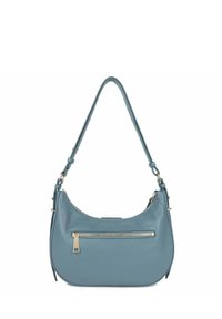 Blauwe lederen schoudertas met een gebogen ontwerp, voorzien van een ritszak aan de voorkant en een enkele verstelbare schouderband. Soepele textuur en subtiele glans.