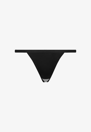 Black thong made of soft fabric with a minimal design, featuring thin side straps and a seamless construction for a smooth fit.