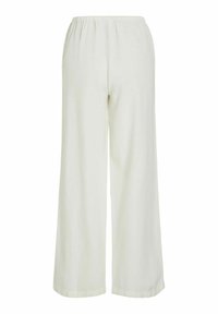 Pantaloni bianchi a gamba larga realizzati in tessuto morbido e leggero. Presentano un cinturino elastico e una texture liscia, senza decorazioni.