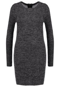 Abito lavorato a maglia grigio scuro con maniche lunghe, scollatura rotonda e silhouette aderente. Realizzato in un tessuto strutturato con dettagli minimi.